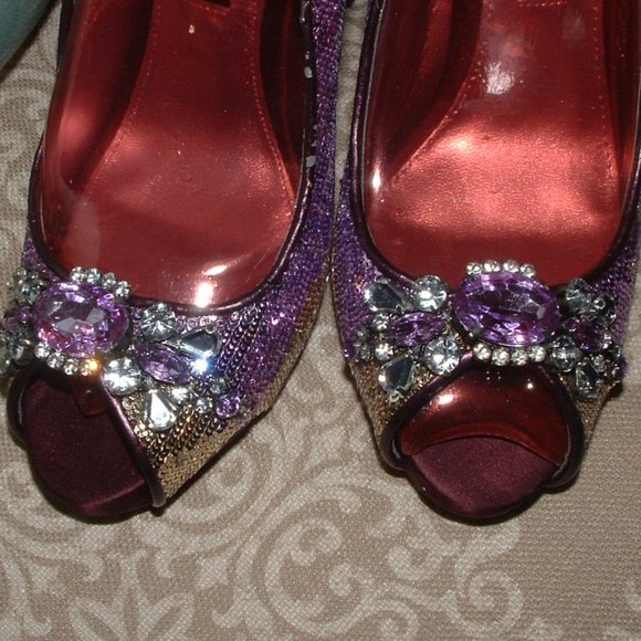 Nina Gold Purple Sequin Crystal Peep Toe Heels - Picture 4 of 9